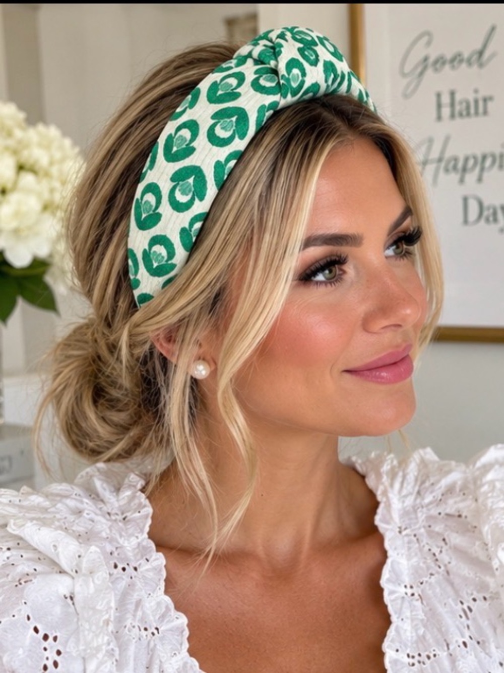 Brianna Cannon Green Ivory Brocade Knot Headband Resort Palm Beach Preppy